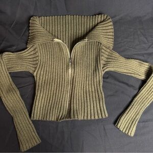 SHEIN Olive Ribbed Zip-Up Cardigan